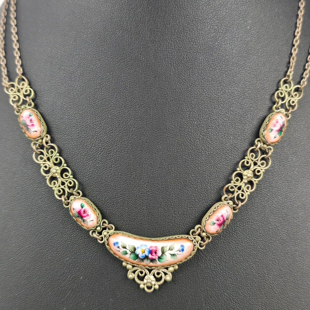 Vintage Hand Painted Porcelain Floral Filigree Necklace Brass Tone Bib Style 16"